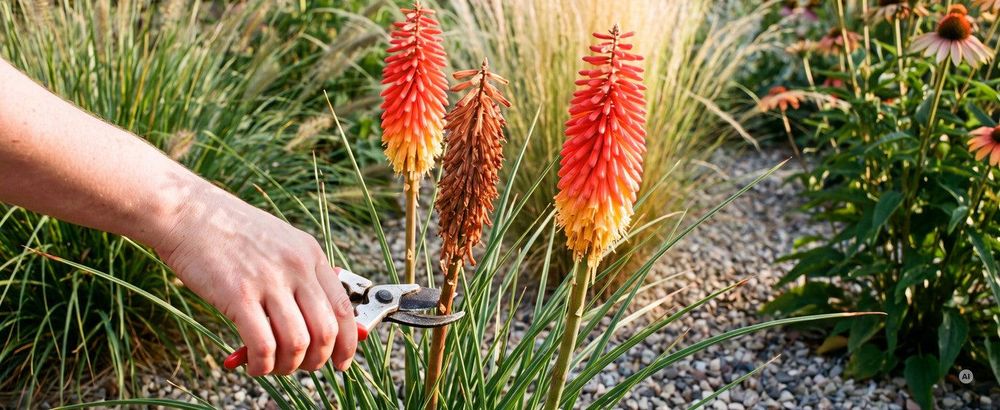Verblühter Stiel wird mit der Gartenschere abgeschnitten