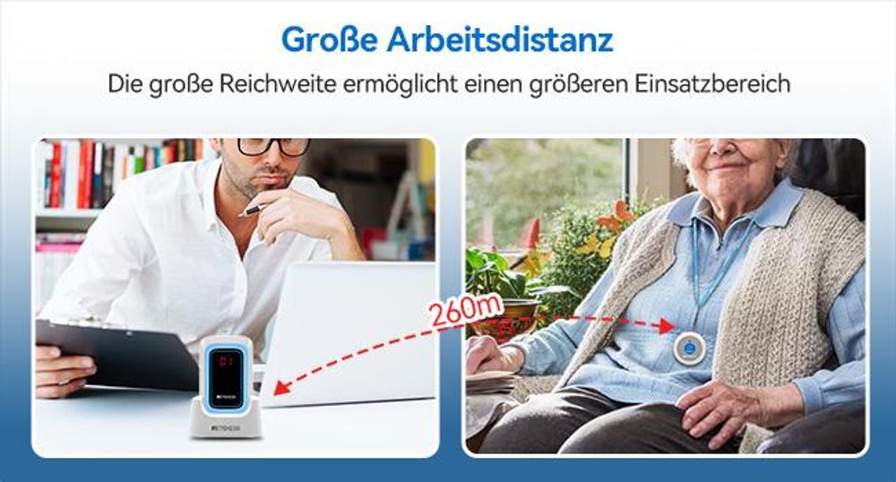 Retekess TH109S Pflege Pager, Drahtlose Rufglocke Für Ältere Menschen, 850 Fuß Reichweite, Einfach Zu Bedienen, Anpassbare Alarme, Häusliche Pflege