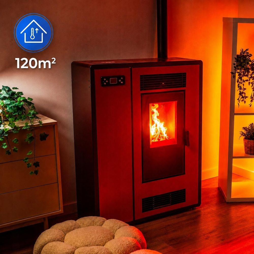 THUNDER® | ARIA RED | Piec na pellet | 12 kW | Zestaw rur przyłączeniowych Ø 80 mm | czerwony