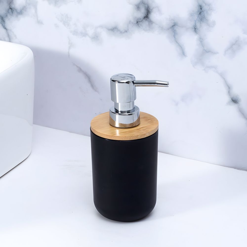 Badezimmer Set 6-tlg  Bambus Bad Zubehörset Toilettenset Lotionspender Mülleimer Zahnbürstenhalter Zahnputzbecher Toilettenbürste Seifenschale Retoo