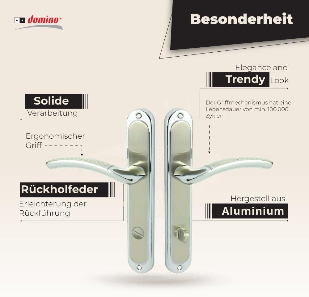 DOMINO Türgriff 78 Drückergarnitur WC - Badezimmer Set | Links & Rechts Türbeschlag für WC/Badezimmertüren | L-Form | Türbeschläge aus Aluminium | Chrom/Nickel  Türdrückergarnitur | SHARON ECO M6/M9