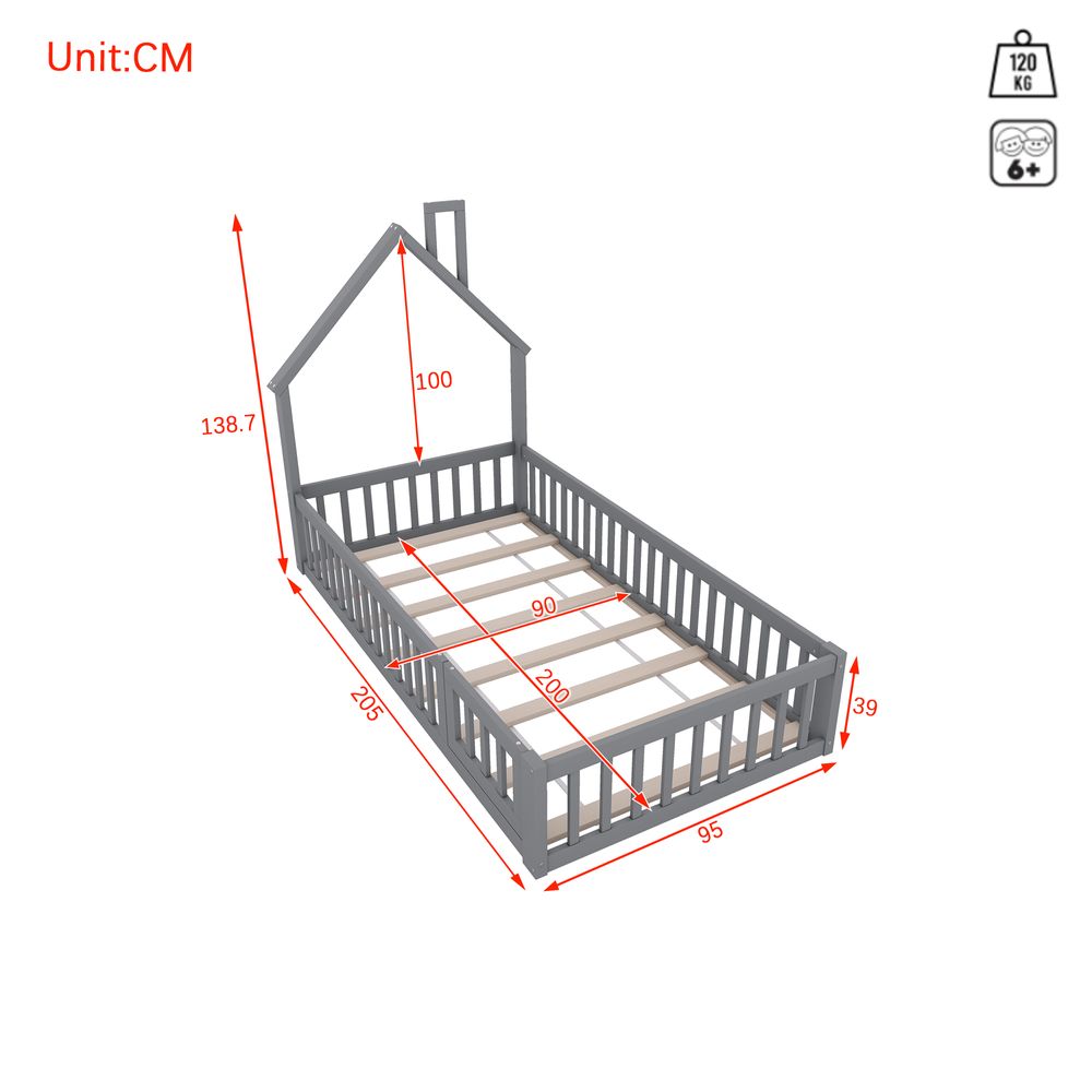 Merax Kinderbett 90x200cm mit Lattenrost, Bodenbett mit Geländer und Tür, Kiefernholzbett Einzelbett Hausbett Kinderhaus mit Schornstein, Grau