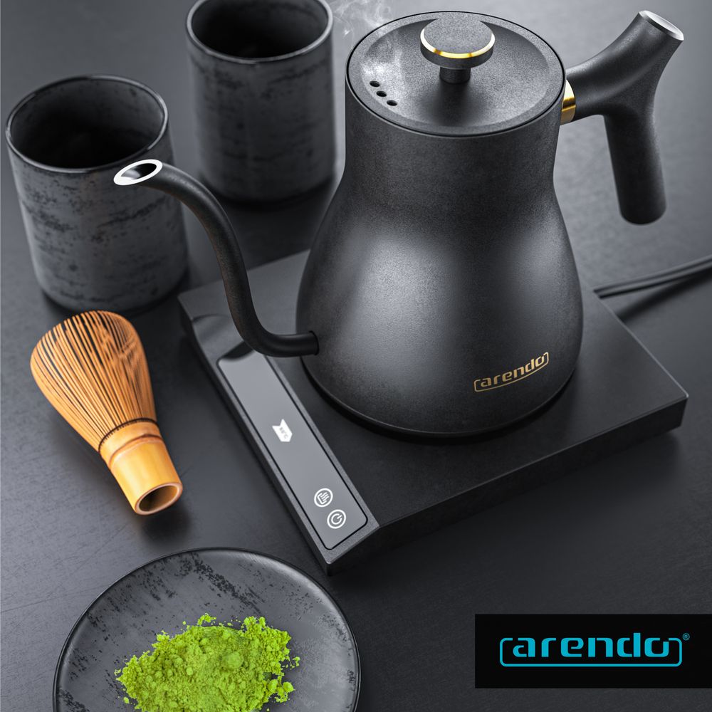 Arendo Edelstahl Wasserkocher mit Temperatureinstellung, 40° bis 100°, Warmhaltefunktion, Zwischenmessungen, 0,5 Liter, asiatisches Design, Sensortasten digital, 360° Basis, Schwarz