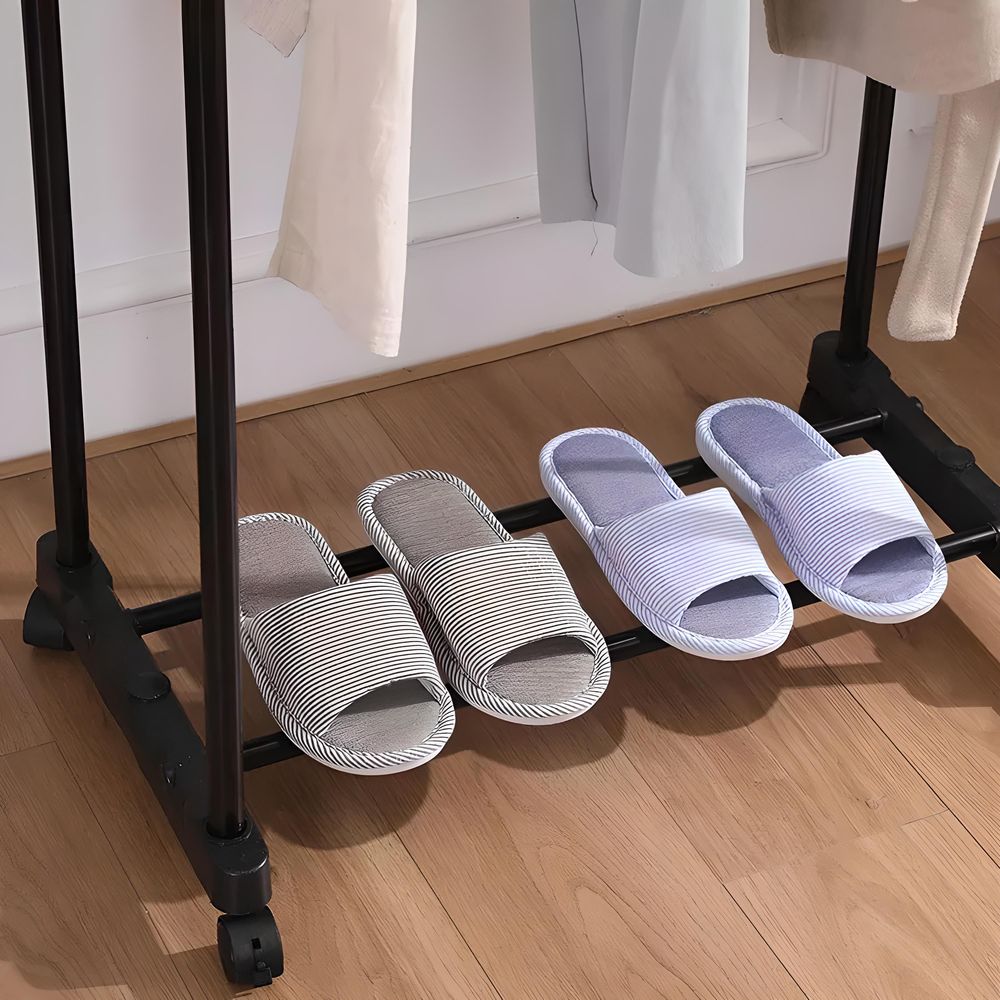 Garderobenständer Kleiderständer aus Metall mit 2 Kleiderstangen Kleiderstange Flur Schlafzimmer Garderobenstange mit Schuhregal einfach Montage Retoo