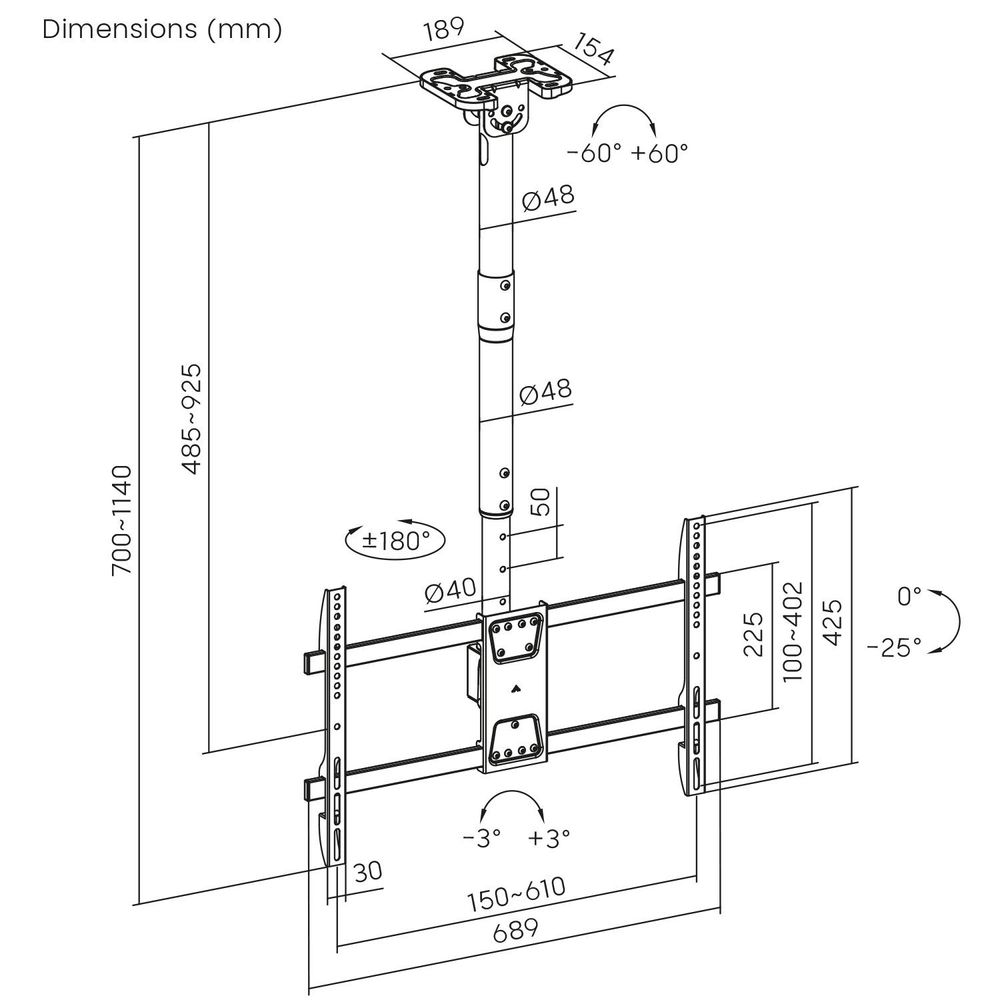 Deckenhalterung für Maclean TV max. Belastung 60kg 43-86" max VESA 600x400 MC-112 B