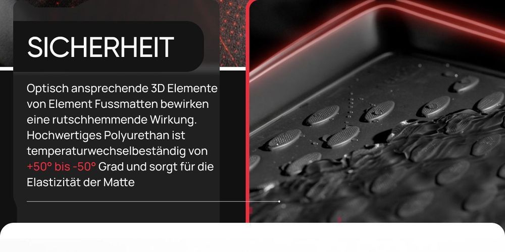 Passgenaue Autofußmatten mit rutschfester Struktur für sicheren Halt im Fahrzeug.