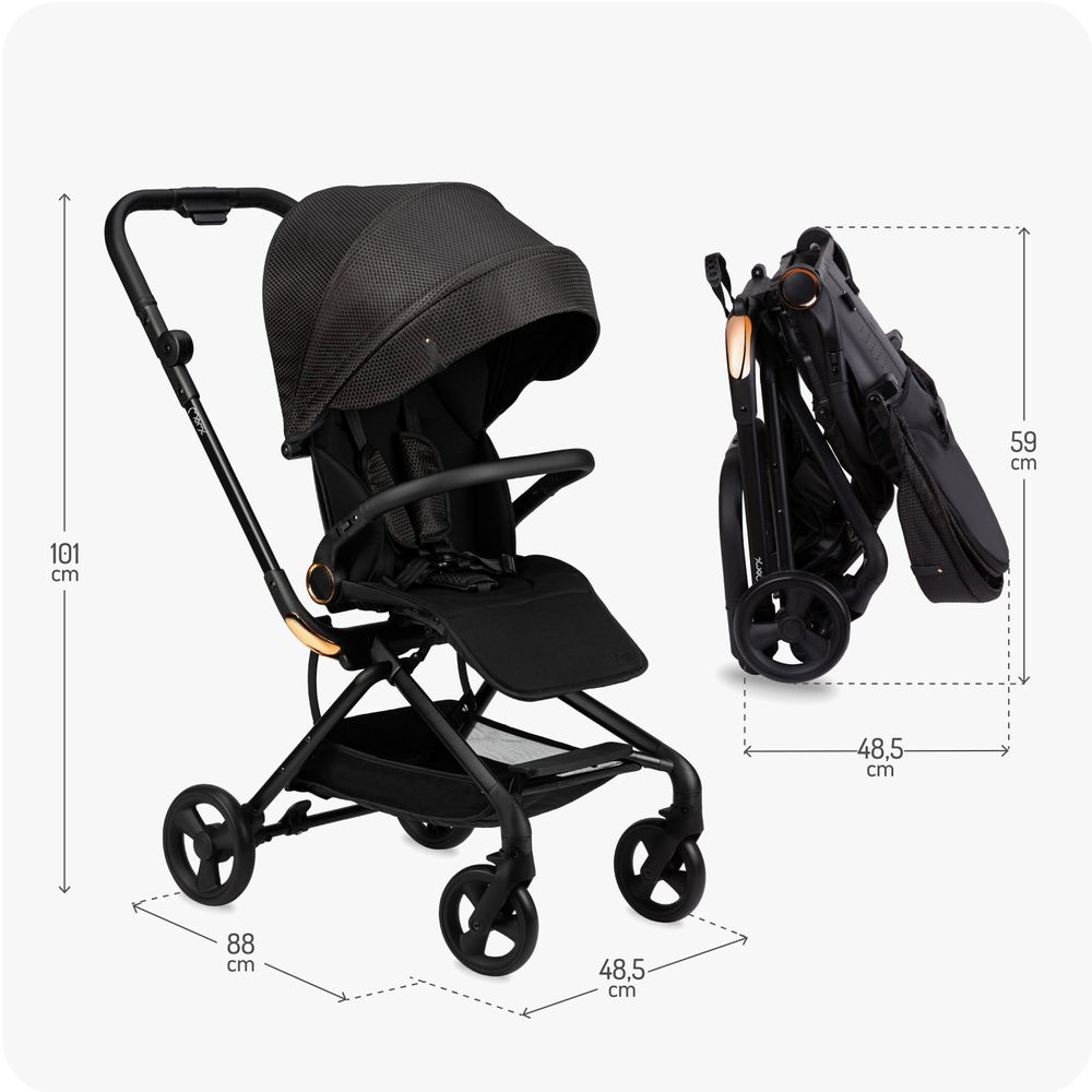 MoMi ADELLE – Leichter Kompaktbuggy mit 360° drehbarem & umkehrbarem Sitz, verstellbar, XL-Dach – Schwarz/Rot