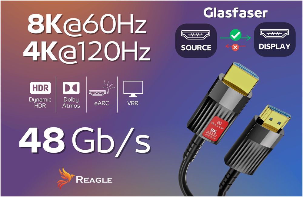 HDMI 2.1 Glasfaser Kabel 10m Optisch AOC 48Gbps 8K 60Hz 4K 144Hz für Gaming PS5 Xbox RTX Grafikkarte Heimkino Projektor HDR VRR eARC Reagle