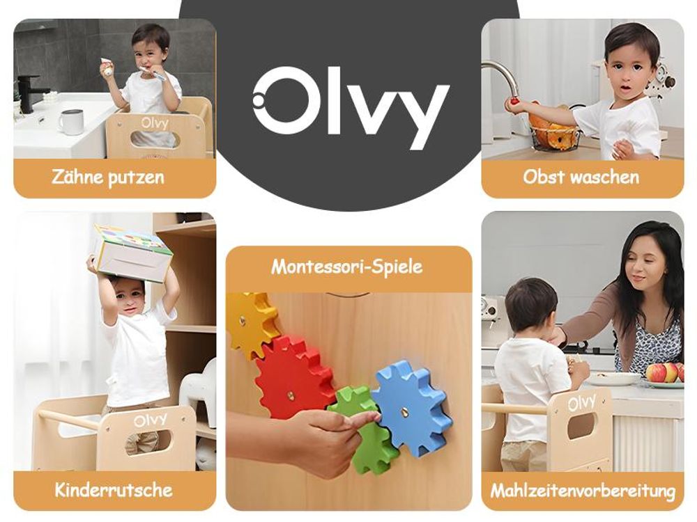 Olvy Lernturm ab 1 Jahr – 4-in-1 Montessori Learning Tower für Kinder, höhenverstellbar, mit Rutsche, Tafel & Spielen, Küchenhilfe Kind multifunktiona