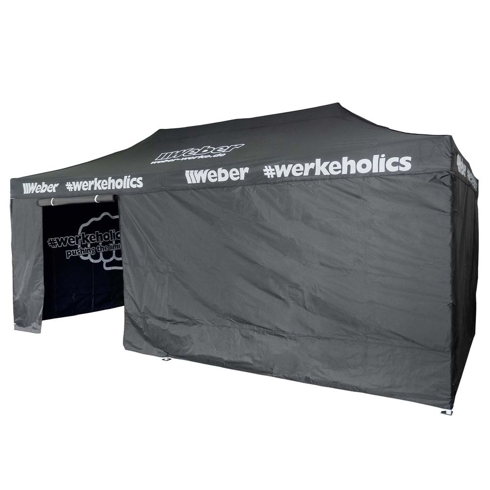 Weber Easy-Up Zelt 3 x 6 m inkl. 4 Seitenwände schwarz Aluminium Türöffnung Tragetasche höhenverstellbar faltbar Faltpavillon Pavillon
