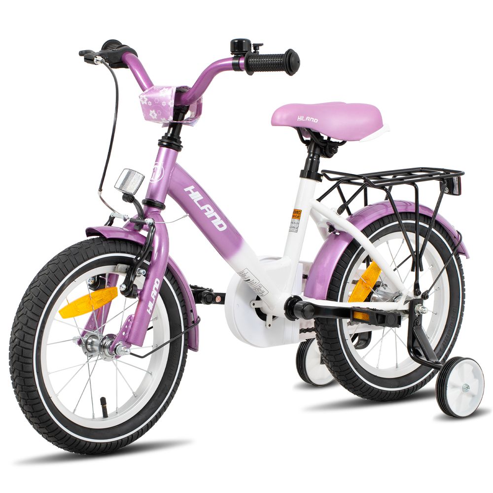 HILAND Starry 16 Zoll Kinderfahrrad für Mädchen ab 3 4 5 6 7 Jahren, mit Stützräder, Gepäckträger, Klingel, Handbremse und Rücktrittbremse, Rosa