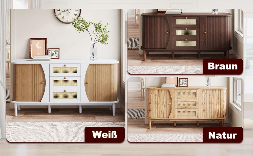 okwish Sideboard, Rattanschrank Rattankommode mit drei Schubladen, Kommode mit Schiebetüren Holzfarbe