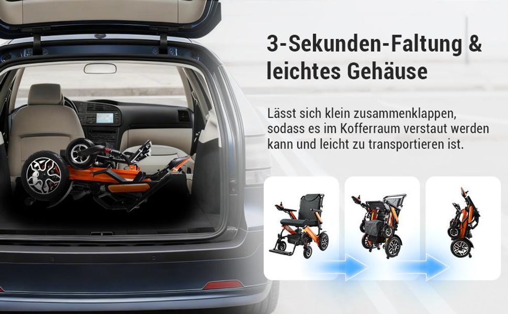 ZYGENAIR Elektrorollstuhl Orange - Schneller Faltmechanismus – kompakt und leicht transportabel