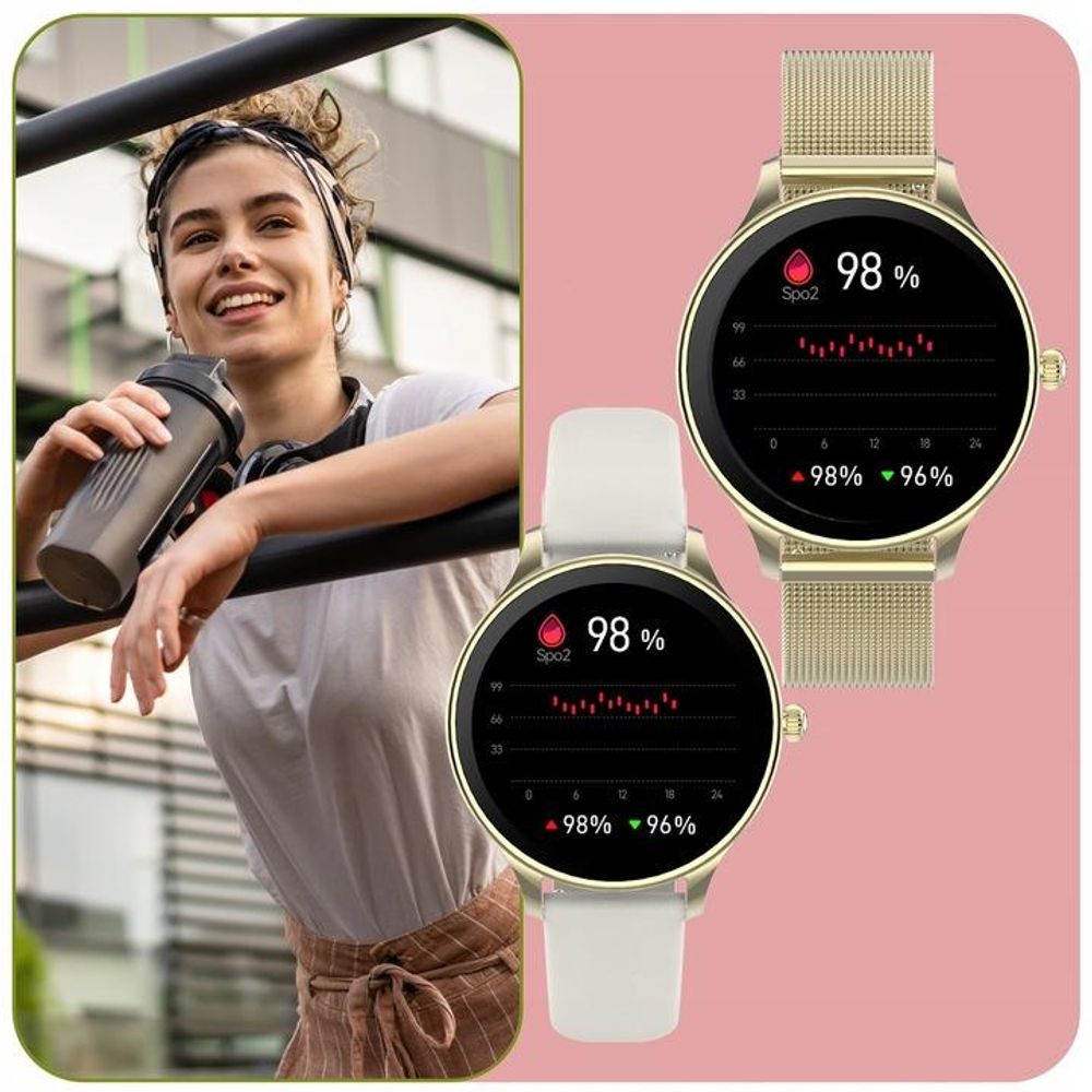 Forever Velora SB-306 Smartwatch damski, złoty zegarek na rękę na bransolecie, pasek, wodoodporny