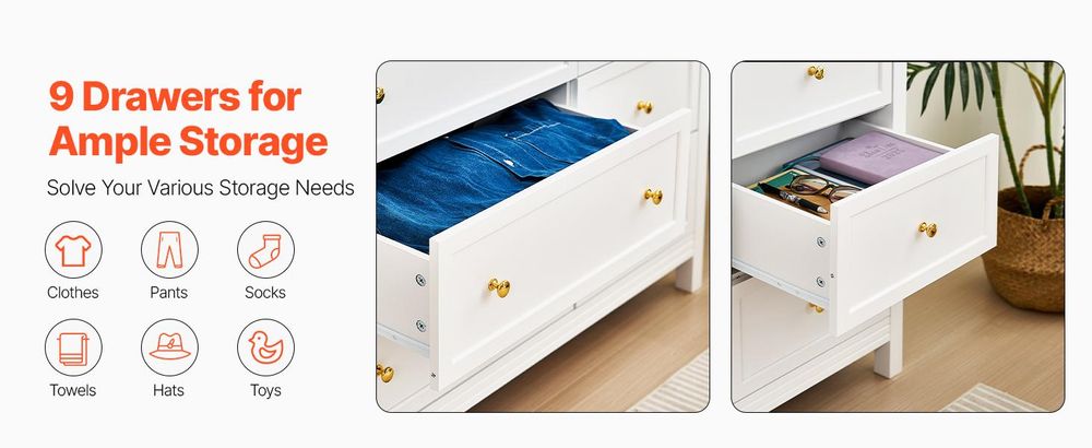 VEVOR Kommode mit 9 Schubladen, Holzkommode, einfache Vintage-Kommode, TV-Ständer, Lagerregal für Wohnzimmer, Schlafzimmer, Eingangsbereich (weiß)