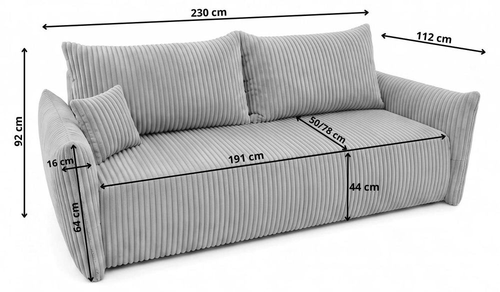 Sofa MELIO mit Schlaffunktion und Bettkasten – modernes Schlafsofa aus Cord für Wohnzimmer und Gästezimmer, bequemes 3-Sitzer Bettsofa, Hellgrau, Grau