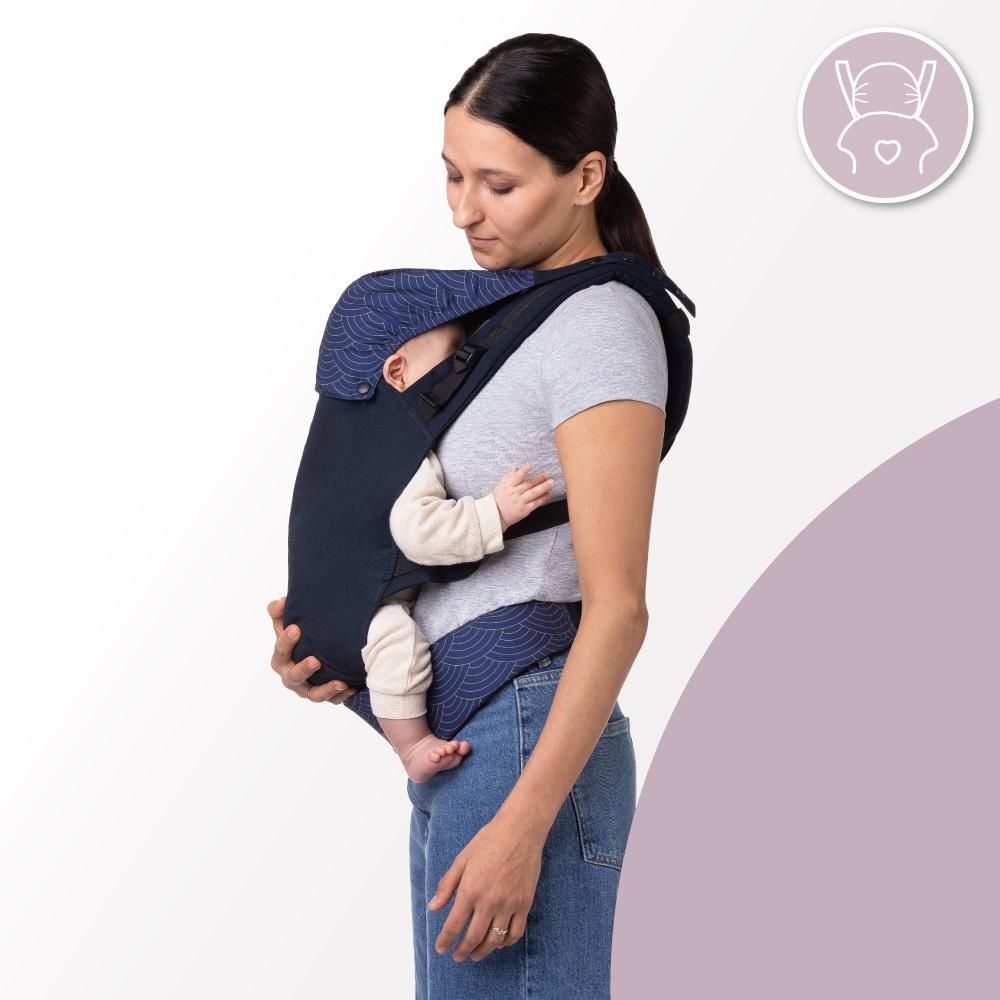 MoMi COLLET – Ergonomische Babytrage für vorne & hinten, verstellbar, bis 15 kg, physiologisch & rückenschonend, mit Kapuze & Tasche – Dunkelblau