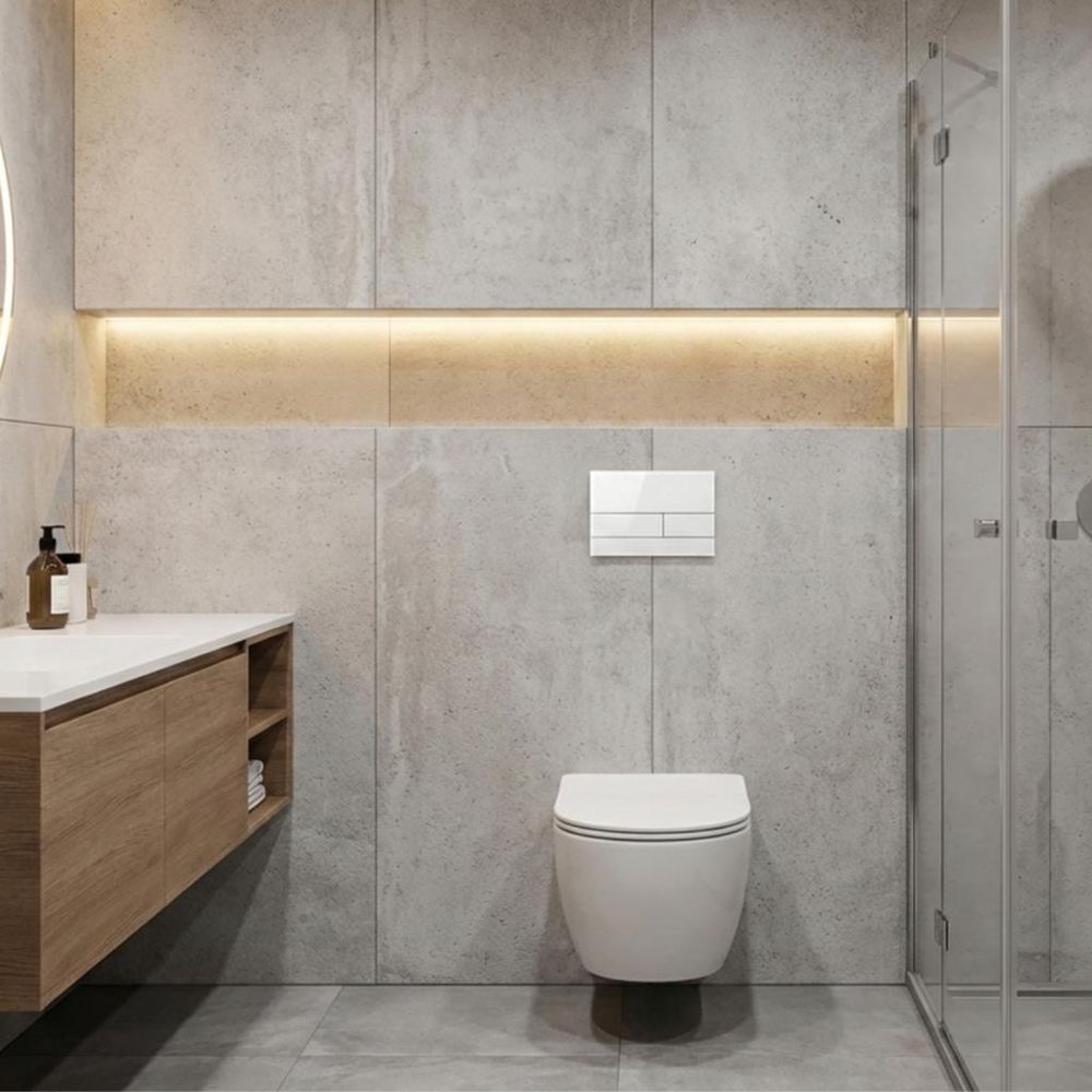 Modernes Badezimmer mit Wand-WC und weißer Glas Betätigungsplatte NUI für Unterputz-Spülkasten