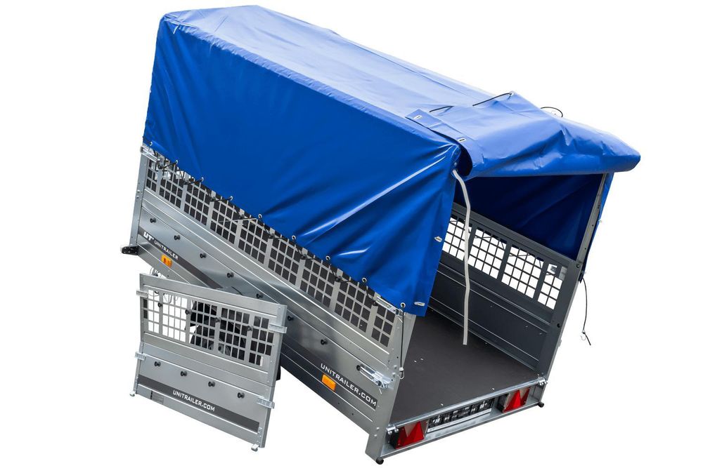Planenanhänger 230x125 Garden Trailer 230 KIPP mit Laubgitteraufsatz, blauer Hochplane, Hochspriegel und Stützrad