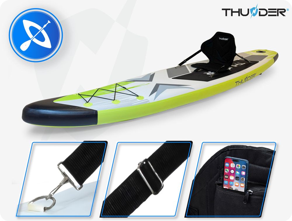 THUNDER® Stand Up Paddle Board | VELA | 320x75x15cm | Lime | Jusqu'à 150kg | Kit complet | Gonflable | Paddleboard | Accessoires SUP | Siège pour kayak |