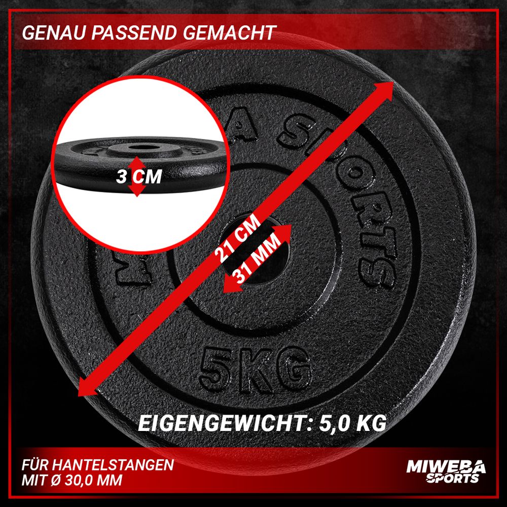 Miweba Sports Hantelscheiben Set | Gusseisen - Hantelgewichte - Gewichtsscheiben - Fitness Scheiben - Gewichte für Hantel - Ø30mm - Schwarz - 4x5 kg