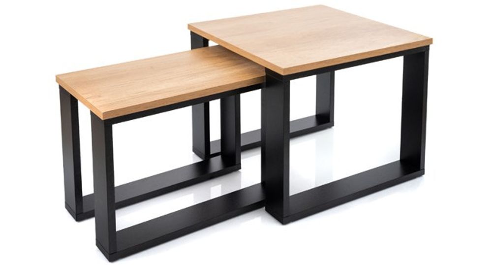 Lehmann Couchtisch 2er Set in 2 Größen für das Wohnzimmer, mit Holzplatte und schwarzem Gestell