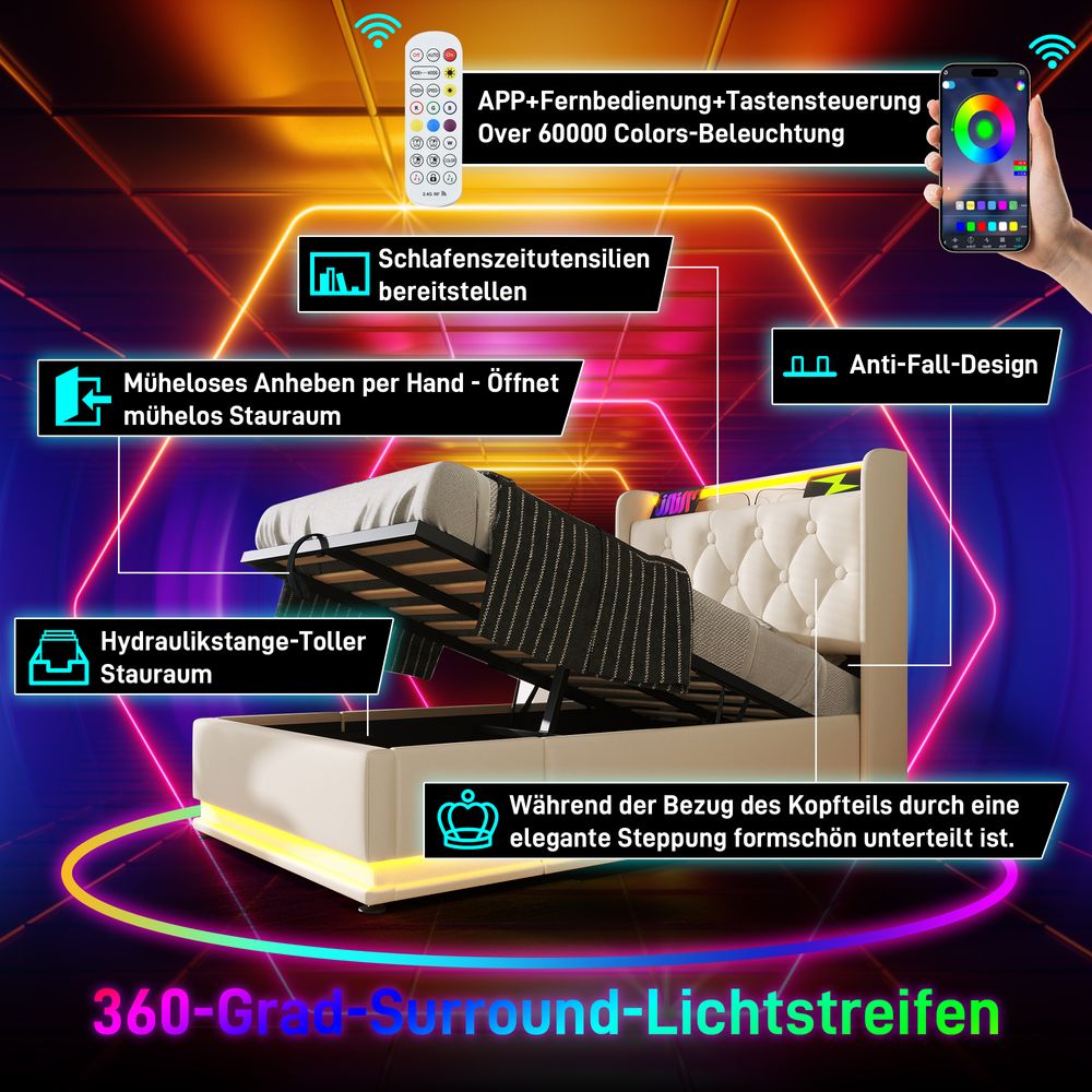 Flieks Polsterbett 140x200cm mit Ladefunktion (USB&Typ-c), Jugendbett Doppelbett Stauraumbett mit LED, Hydraulisches Boxspringbett, PU, Weiß