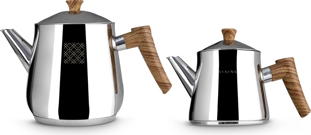 Serenk Definition Edelstahl-Teekannen-Set, 1L Teekanne & 2L untere Kanne, doppelt gestapeltes Design, induktionsgeeignet, spiegelpolierte Oberfläche