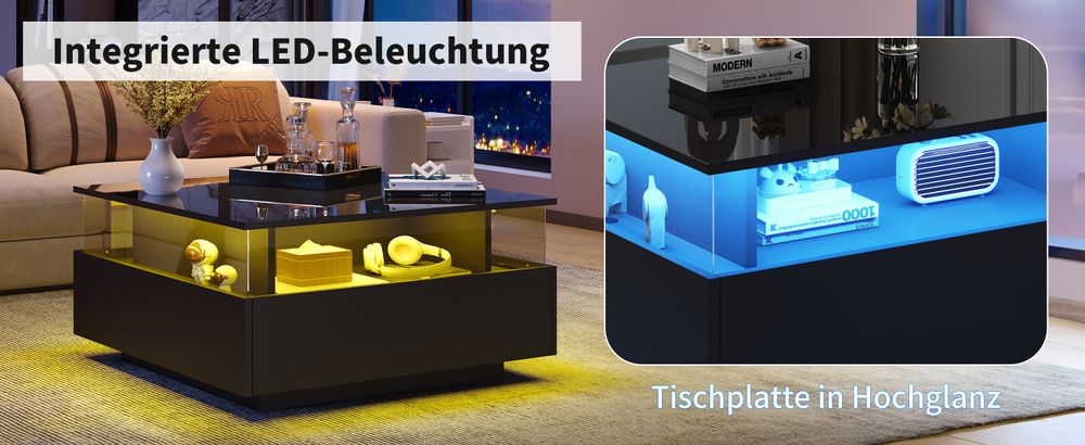 MODFU Couchtisch Wohnzimmertisch LED-Hochglanz für Wohnzimmer, Schlafzimmer, Beistelltisch Quadratischer mit 2 Schubladen und transparentem Präsentationsbereich, Schwarz