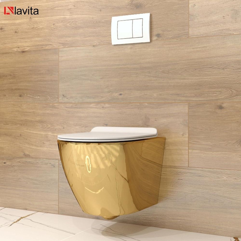 LAVITA Wand-WC Sofi Slim Gold/White | HŠnge Toilette | Toilettendeckel mit Absenkautomatik & Metallscharniere | Toiletten SpŸlrandlos HŠngend | Toilettenbecken | 365x490x395 cm | Wei§/Gold
