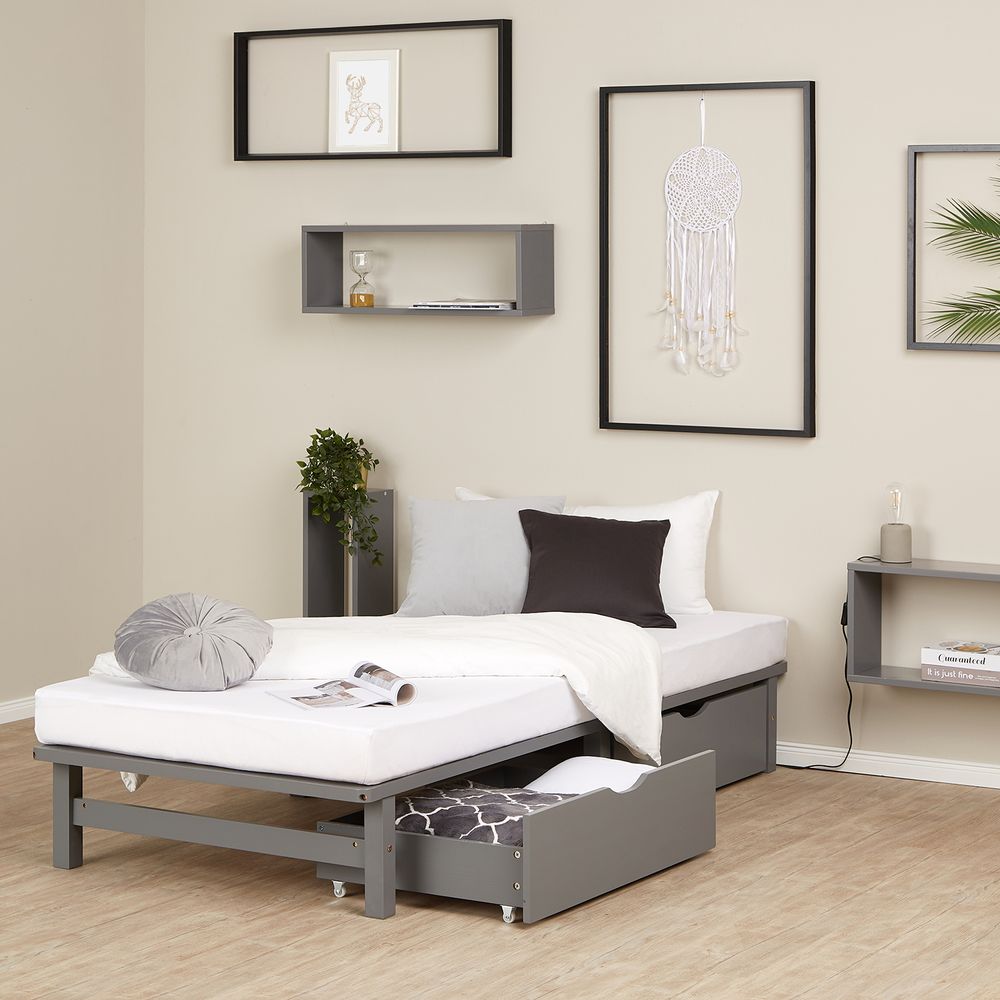 Homestyle4u Holzbett Palettenbett 90x200 mit mit Lattenrost 2 Bettkästen Grau Futonbett Palettenmöbel Bett Massivholzbett