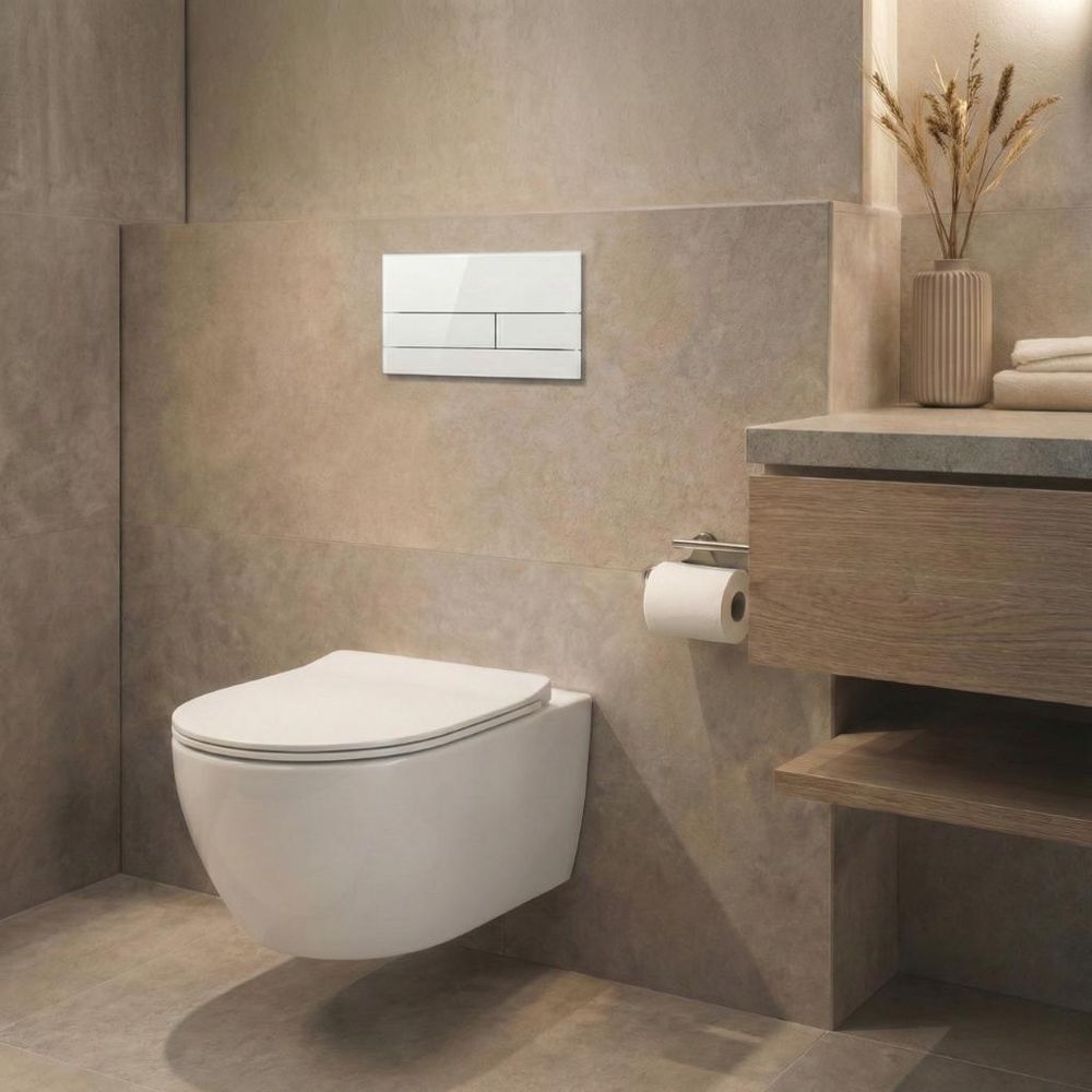 Elegante Zwei-Tasten-Drückerplatte Balneo NUI weiß glänzend für Unterputzsystem und Wand-WC