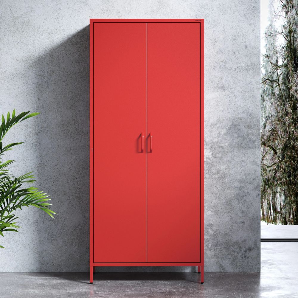 Jan Nowak Garderobenschrank aus Metall Kleiderschrank 2 Türig Flavio Ablagen Kleiderstange leiser Magnetverschluss geräumig, 80 x 185 x 45 cm, Rot