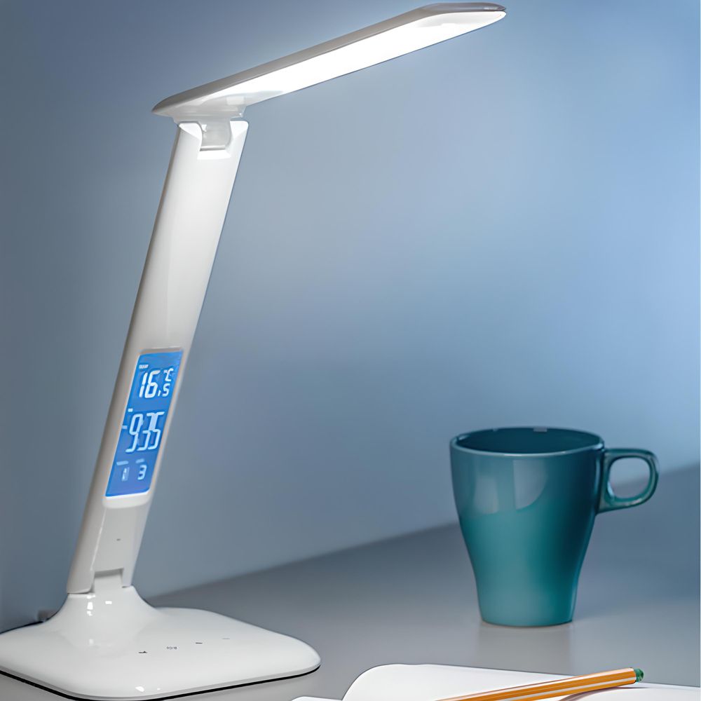 LED Schreibtischleuchte mit Thermometer und Uhr Schreibtischlampe Tischleuchte Leselampe Nachttischlampe Nachttischlampe Tischlampe Bürolampe Weiß Retoo