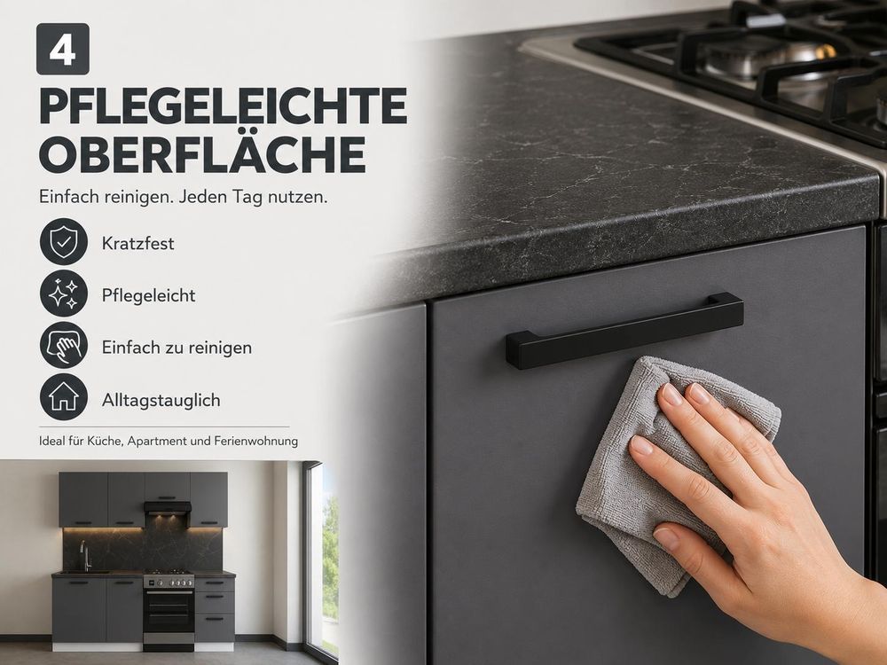 Pflegeleichte Oberfläche der ULWEHOME Küchenzeile in Anthrazit/Grafit