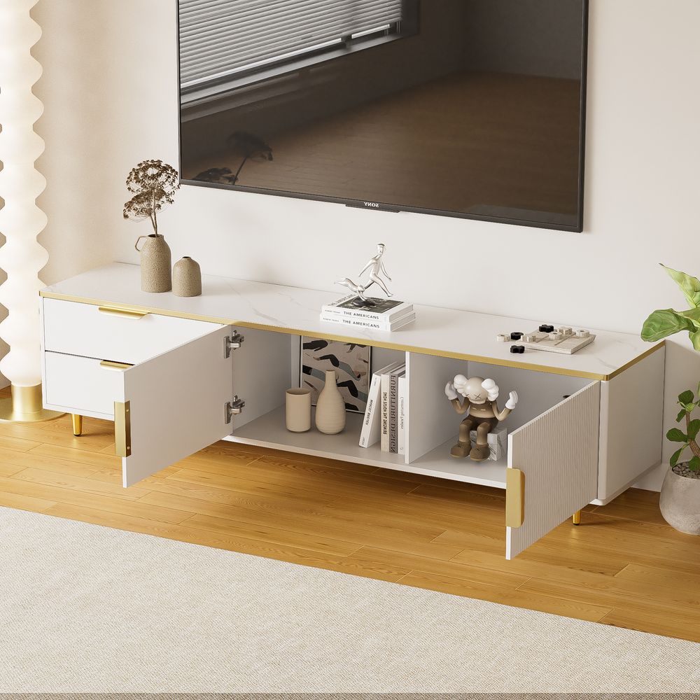 MERAX Lowboard mit Türen und Schubladen, TV-Schrank mit Metallfüße,TV-Board mit goldene Akzente, Metallfüße & Stauraum, Fernsehtisch B:175cm, Weiß
