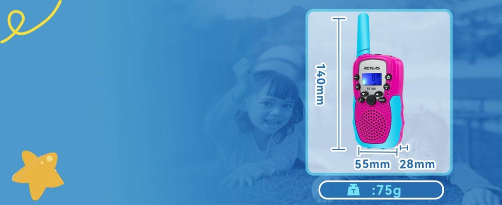 Retevis RT388 Walkie Talkie Kinder, Geschenke für Kinder ab 4-12 jahre, VOX, 10 Ruftöne, DCS/CTCSS, Spielzeug mit Taschen für Camping