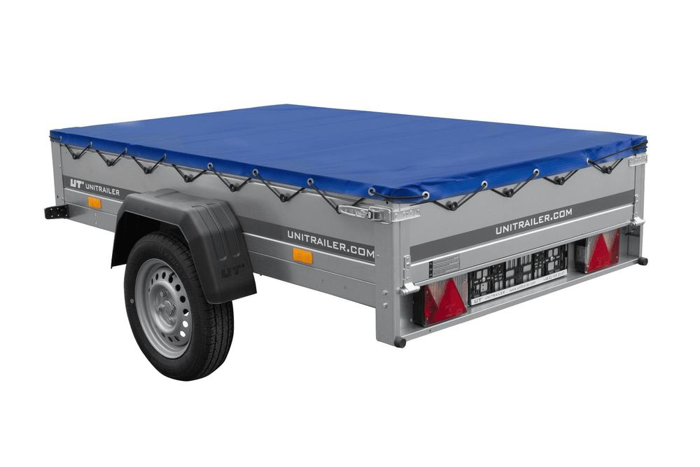 PKW-Anhänger 200x125 UNITRAILER GARDEN 201 KIPP mit blauer Flachplane und Flachplanenträger