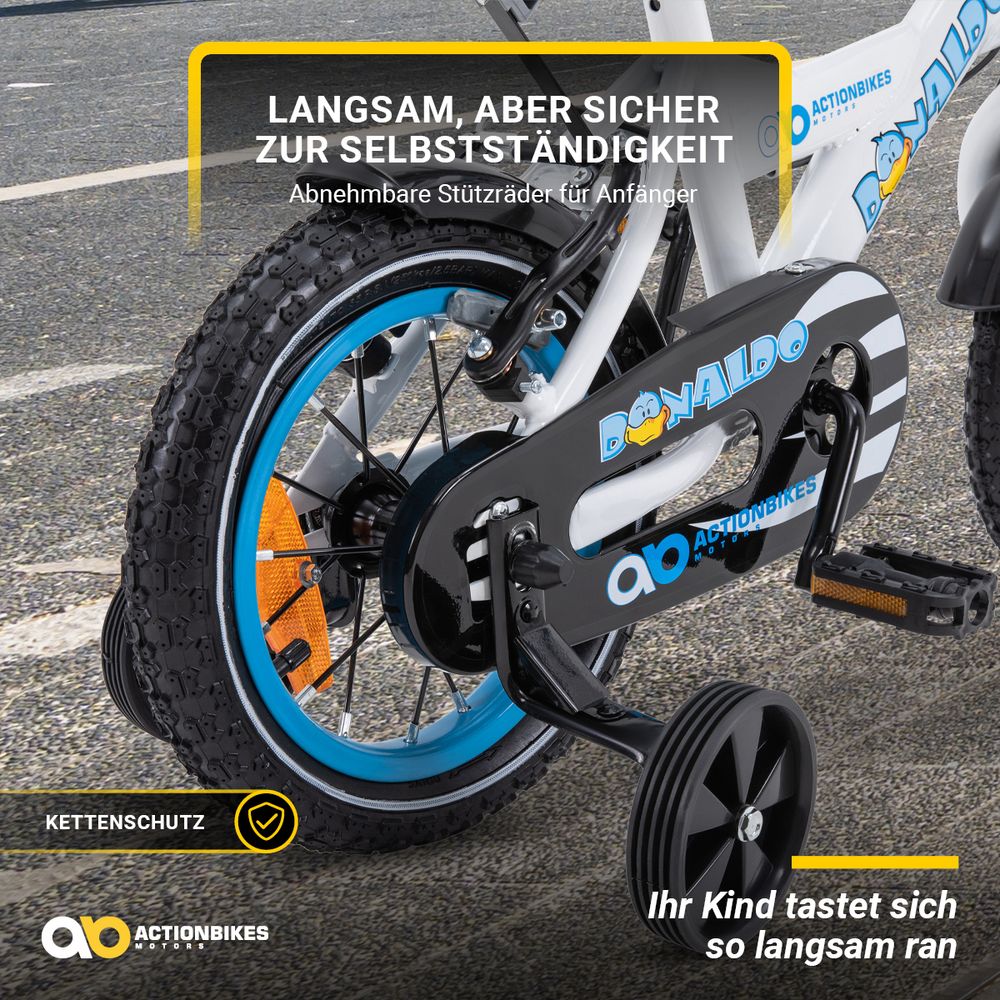 Actionbikes Kinderfahrrad Donaldo 12 Zoll | Kinder Fahrrad - V-Brake Bremsen - Kettenschutz - Fahrradständer - Fahrradkorb - 2-5 Jahre (Blau/Weiß)