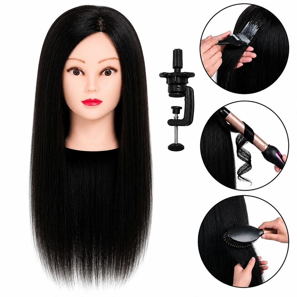 Główka treningowa Ela 55 cm black, włos naturalny + uchwyt, fryzjerska do czesania, głowa do ćwiczeń