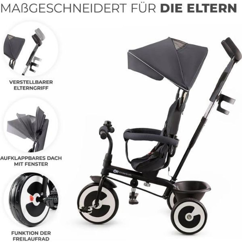 Kinderkraft ASTON - Dreirad - drehbarer Sitz - große unzerstörbare Räder - klappbar - Sicherheitsgurte - verstellbarer Elterngriff - Zubehör - Grau