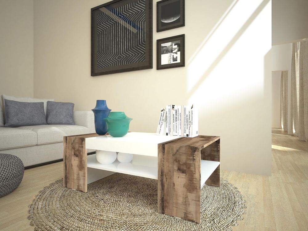 Cesena Couchtisch – moderner Wohnzimmertisch mit Ablageboden und Weiß-Hochglanz/Ahorn-Design