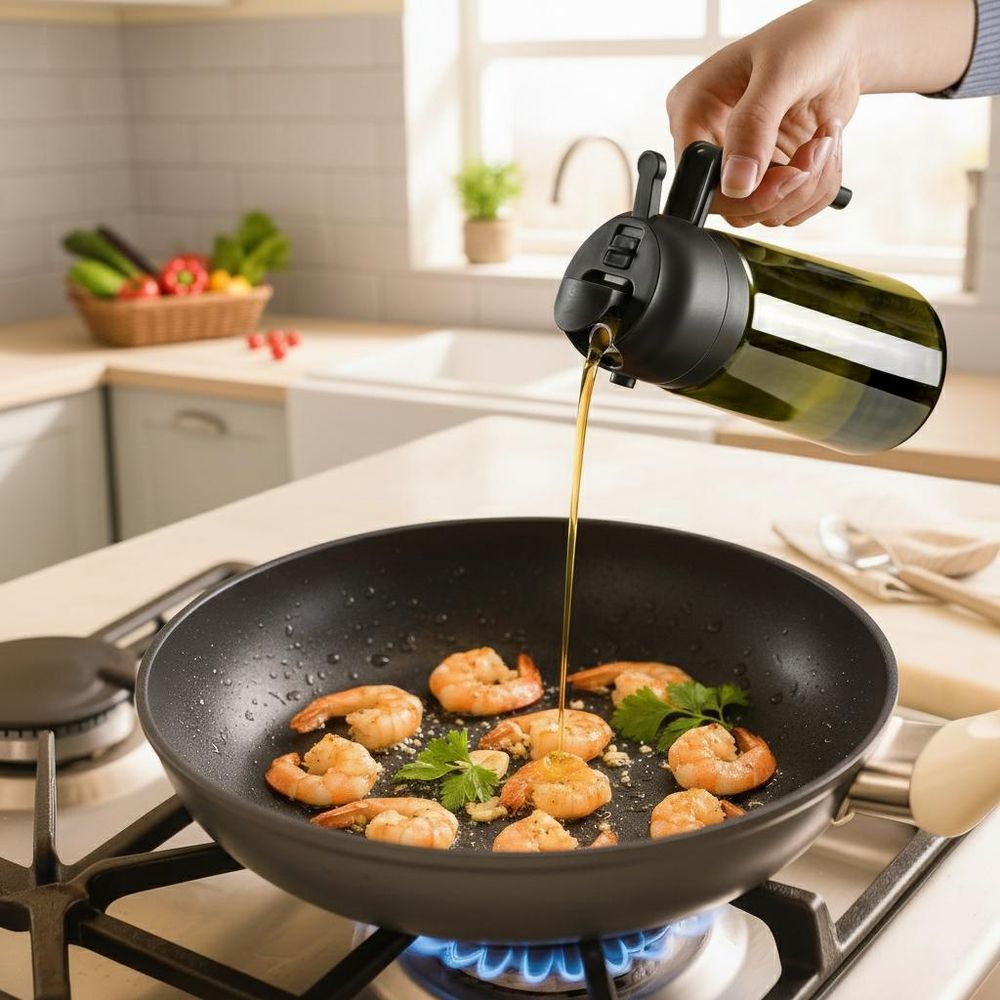 WELLHAUS Olivenölspender & Ölsprüher 2in1 – 470 ml Glas Ölspender mit UV-Schutz, lichtdicht, Ölausgießer & Ölsprühflasche für Heißluftfritteuse, Küche, Kochen, Braten, Salat, Grill & BBQ (Schwarz)