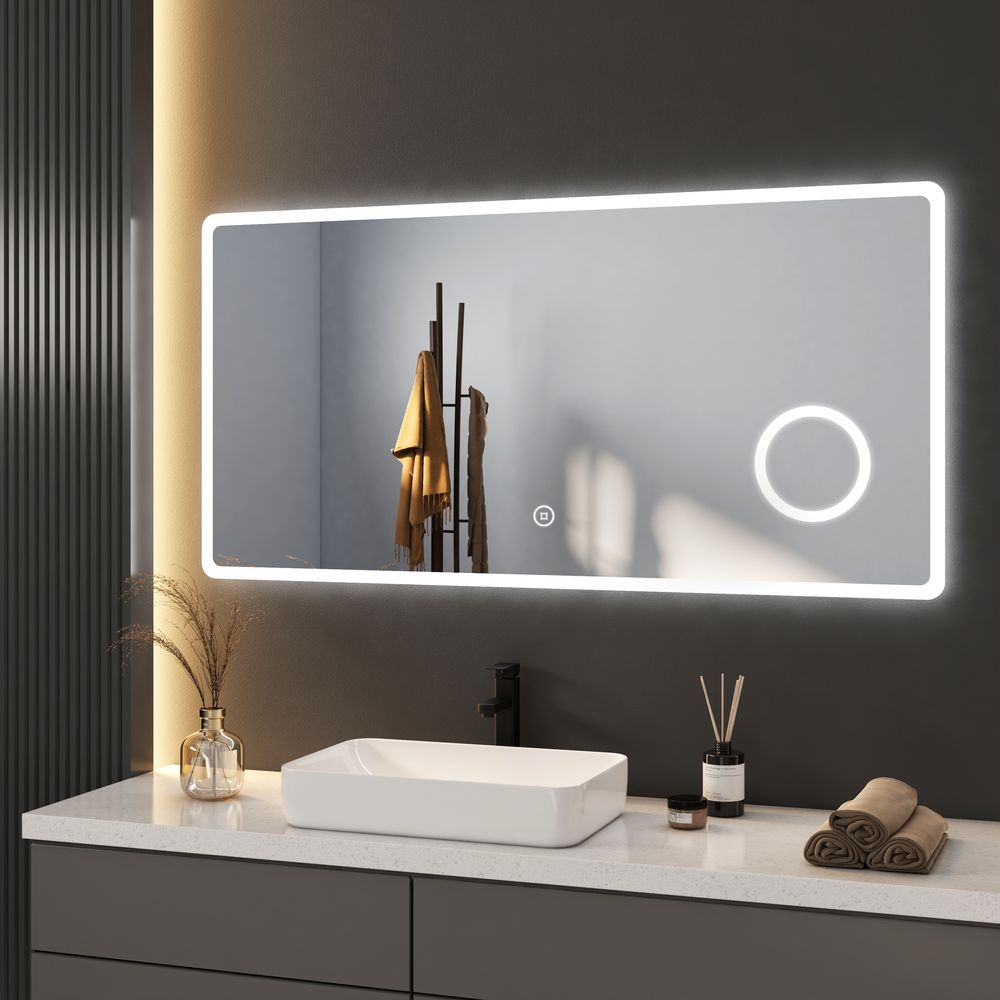 Heilmetz LED Badspiegel 120x60cm 3 fache Vergrößerung Rechtecke Badezimmerspiegel mit Touchschalter & Beleuchtung, wandspiegel 6500K Kaltweiß IP44