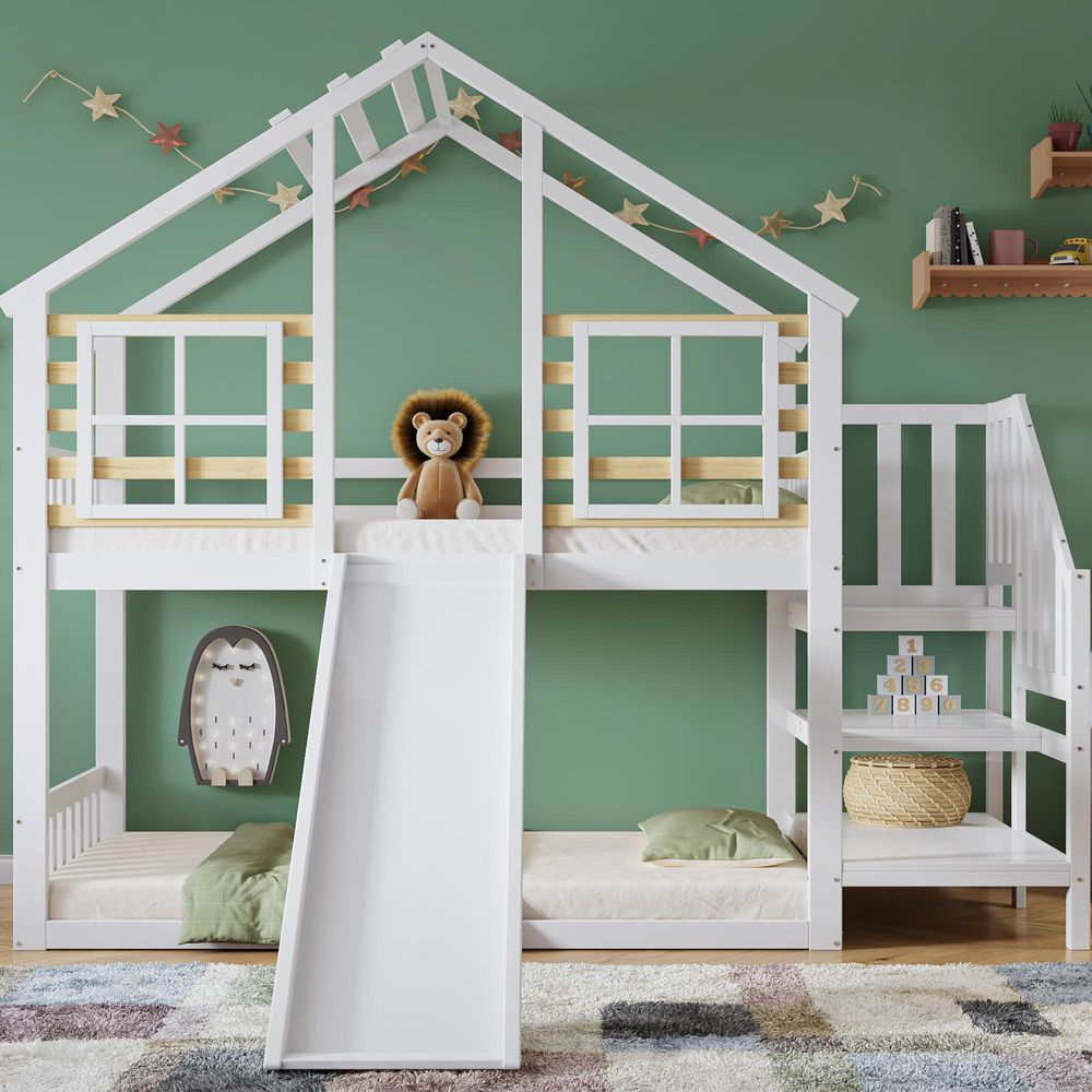 Merax Etagenbett 90x200cm mit Treppe und Rutsche, Kinderbett mit Rausfallschutz, Stockbett mit Gitter und Fenster, Massivholzbett Jugendbett, Weiß
