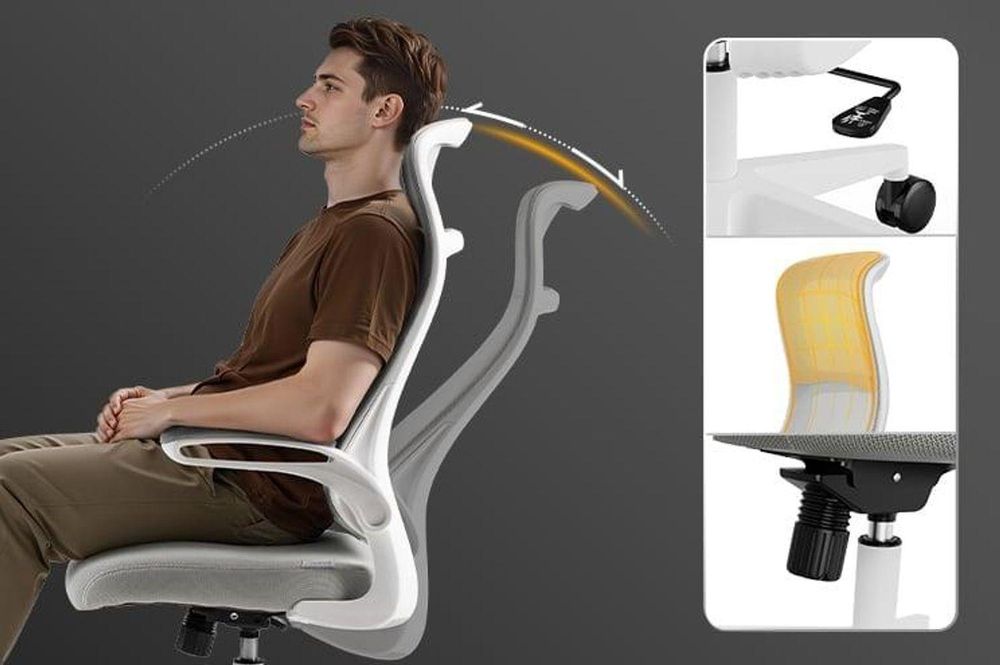 SENSE7 Revo Ergonomiczne krzesło biurowe Krzesło do biurka Szare Składane podłokietniki Siatkowe oparcie Funkcja kołysania Krzesło do domowego biura Krzesło szefa Krzesło komputerowe Białe 140 kg