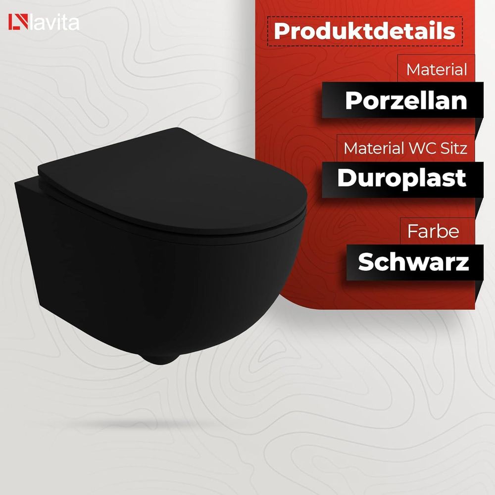 Lavita LAV 101 Vorwandelement für WC 40cm + Wand Hänge Tiefspül WC BRAVA Schwarz Spülrandlos + Bedienplatte LAV 200.4.5 Gold | Komplettset | Unterputz Spülkasten | Toilette Komplett Sett