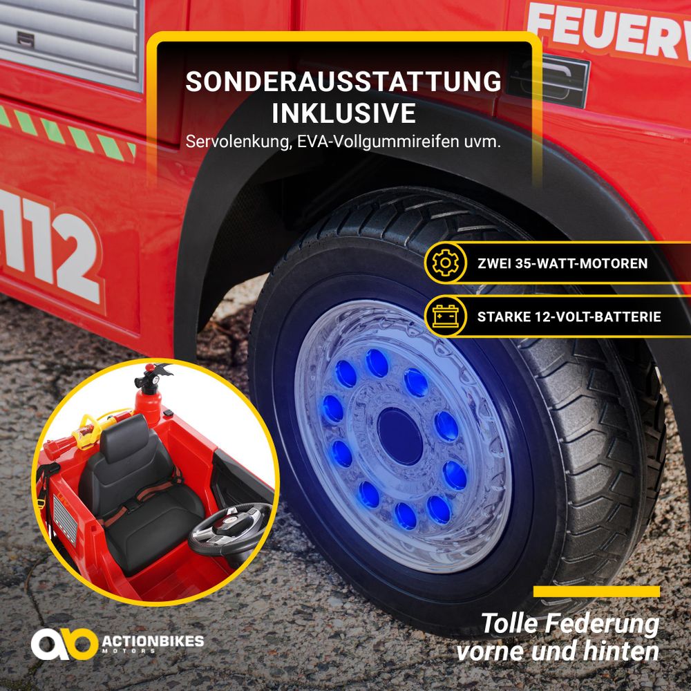 Actionbikes Motors Elektro Feuerwehr Auto| Feuerwehrauto Kinderauto - Bremsautomatik - Kinder Fahrzeug - Sirene & Blaulicht - Bluetooth - ab 3 Jahre