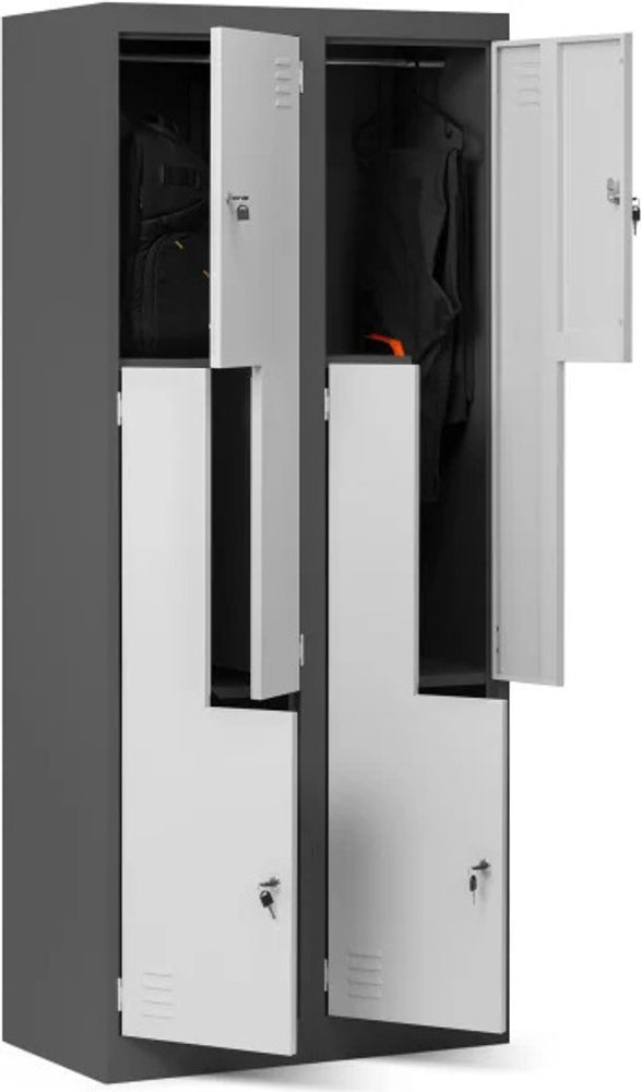 Jan Nowak Umkleideschrank Z02 Spind mit 4 Abteilen Kleiderspind Metallschrank Flügeltür Lüftungsschlitzen Pulverbeschichtung 185 cm x 80 cm x 45 cm, Farbe: Anthrazit-Weiß