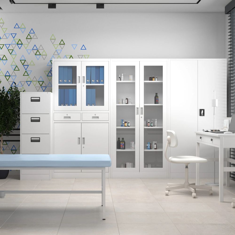 Aktenschrank Medizinschrank Büroschrank Flügeltürschrank Glasvitrine 4 Fachböden Stahl Abschließbar 185 cm x 90 cm x 40 cm Farbe: Weiß